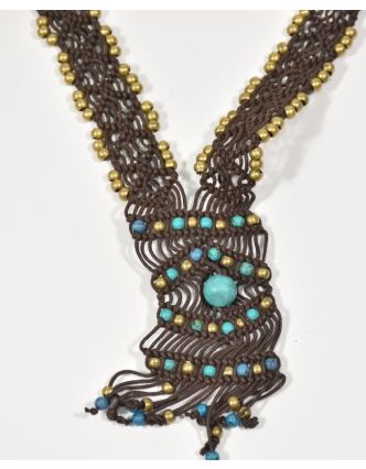 Hnedý pletený náhrdelník s tyrkysovými a zlatými korálky