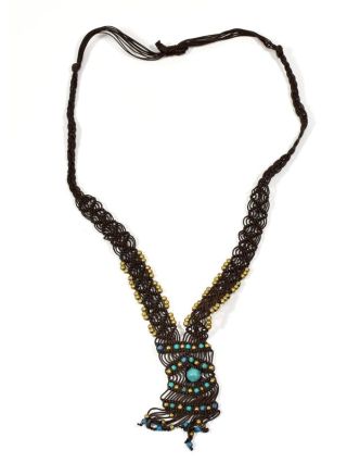 Hnedý pletený náhrdelník s tyrkysovými a zlatými korálky