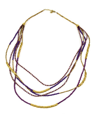 Dlhý náhrdelník, 5-radový, fialovej, fuchsiovej a zlaté korálky, zapínanie