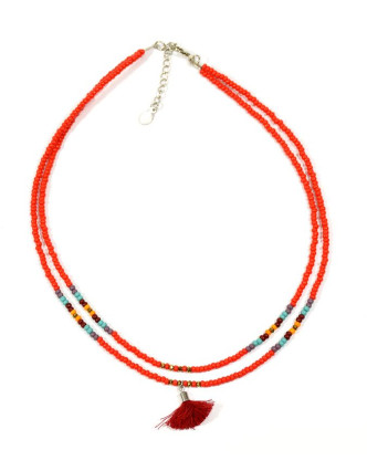 Náhrdelník, 2-radový, červené a farebné korálky, strapec, zapínanie