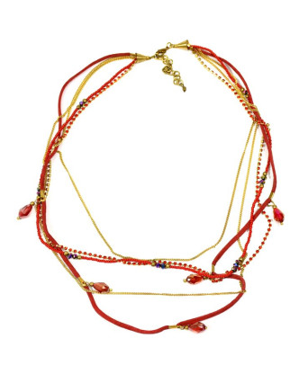Náhrdelník, 5-radový, červené koráliky, zlaté retiazky a strapce, zapínanie