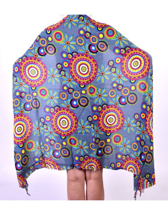 Šedivý sarong s motívom farebných mandál, veľký šatka so strapcami, 109x157cm