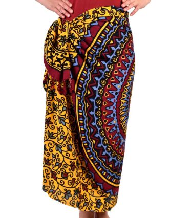 Vínový sarong s motívom mandaly, vínovo-žlto-modrý šatka so strapcami, 109x157cm