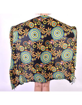 Čierny sarong s motívom farebných mandál, veľký šatka so strapcami, 109x157cm