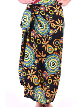 Čierny sarong s motívom farebných mandál, veľký šatka so strapcami, 109x157cm