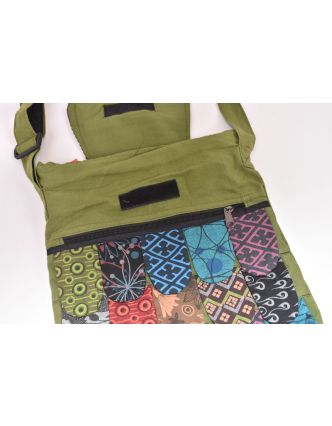 Patchworková bavlnená taška cez rameno "sova" zelená, so zipsom, 45x30 cm