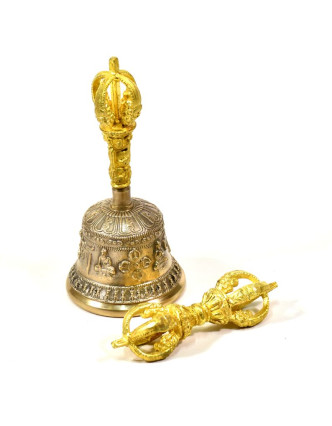 Tibetský zvon a Dorji, mosadzná farba, ornament, 15cm