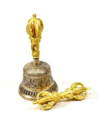 Tibetský zvon a dorje, mosadzná farba, ornament, 15cm