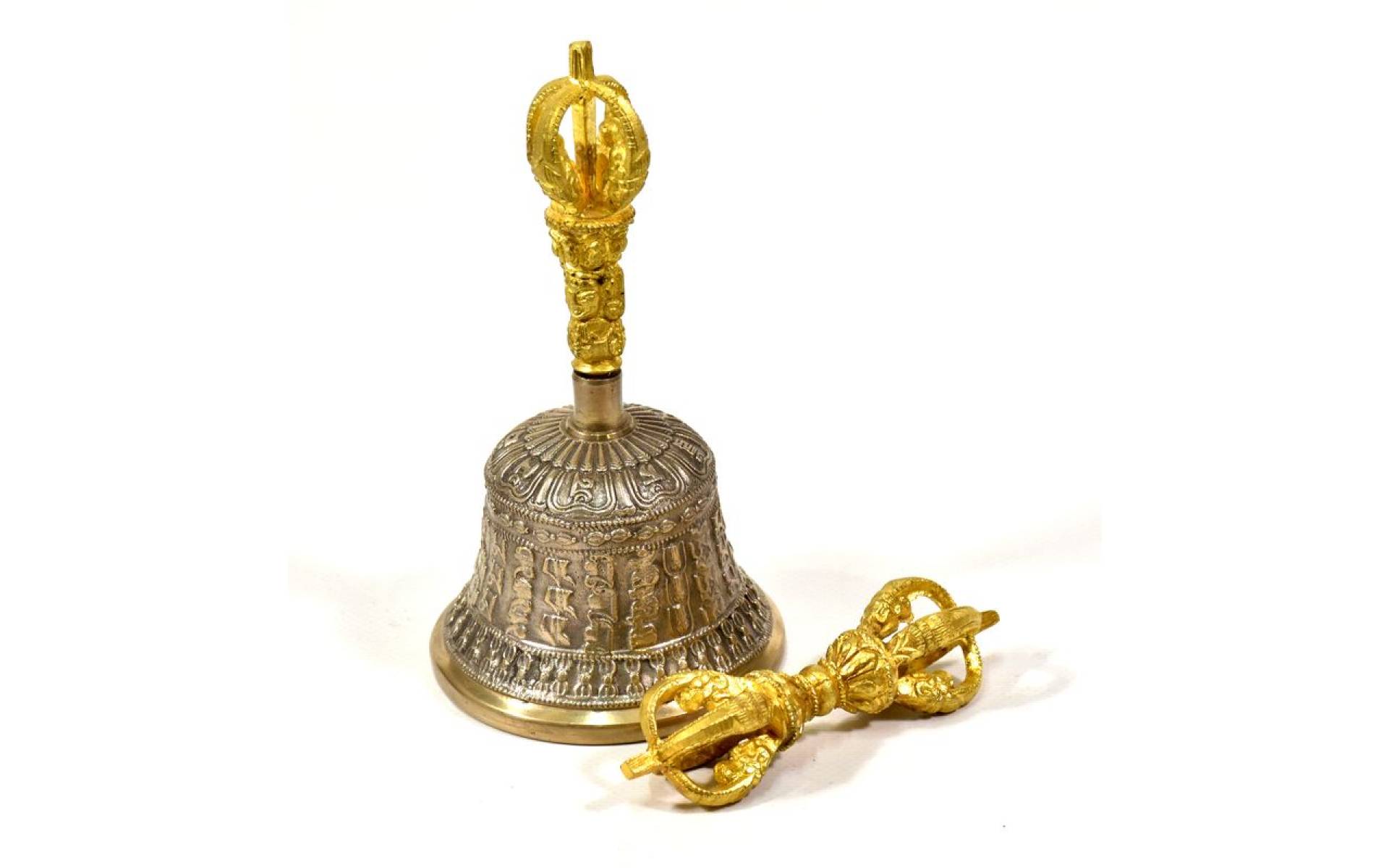 Tibetský zvon a dorje, mosadz, zlatá farba, ornament, 16cm