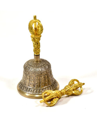 Tibetský zvon a dorje, mosadzná farba, ornament, 16cm