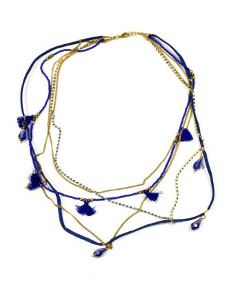 Náhrdelník, 5-radový, modré korálky, zlaté retiazky a strapce, zapínanie