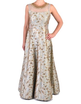 Luxusné indické šaty "Anarkali", modro strieborné, zlaté fltre, šál