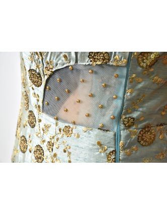 Luxusné indické šaty "Anarkali", modro strieborné, zlaté flitre, šál