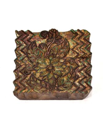 Antik drevená raznice na tlač prehozov s motívom floral, block print, 14x13cm