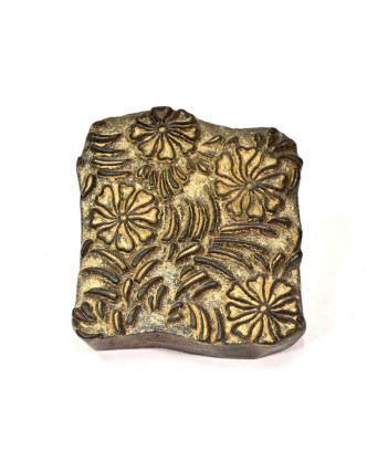 Antik drevená raznice na tlač prehozov s motívom floral, block print, 18x16cm