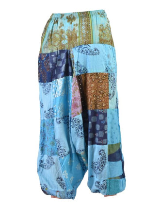 Unisex turecké nohavice, patchwork dizajn, elastický pás, modré