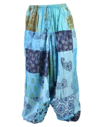 Unisex turecké nohavice, patchwork dizajn, elastický pás, modré