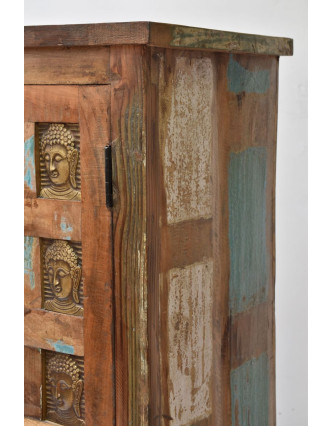 Skriňa z teakového dreva, zdobená mosadznými Budhu, 80x40x150cm