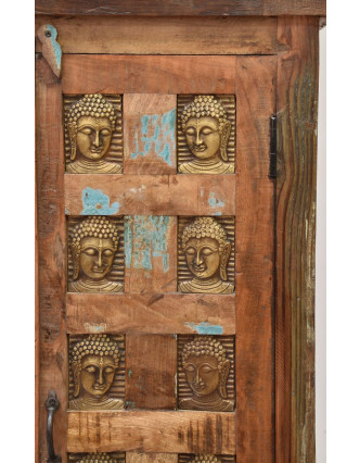 Skriňa z teakového dreva, zdobená mosadznými Budhu, 80x40x150cm