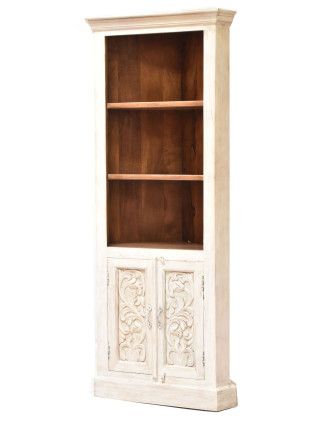 Rohová knižnica z mangového dreva, ručné rezby, 76x44x185cm