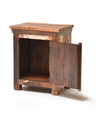 Nočný stolík z antik teakového dreva zdobený reliéfom Budhov, 50x45x60cm