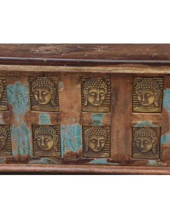 Truhla z teakového dreva zdobená mosadznými Budhu, 120x60x46cm