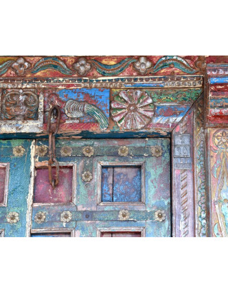 Antik dvere s rámom z Gujarati, teakové drevo, maľované, 150x24x218cm
