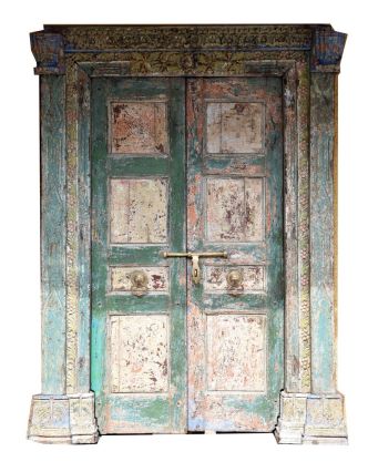 Antik dvere s rámom z Gujarati, teakové drevo, maľované, 164x38x222cm