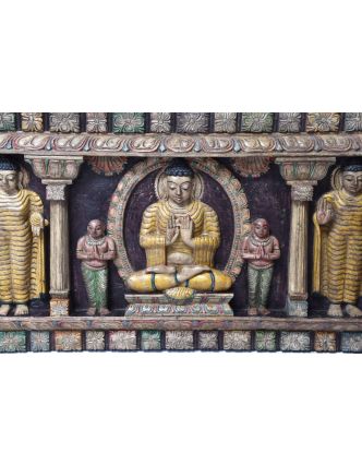 Vyrezávaný panel 5 Budhov, maľovaný antik, 212x7x52cm
