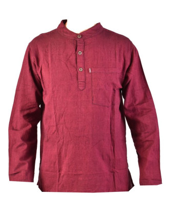 Vínová pánska košeľa-kurta s dlhým rukávom a kapsičkou, mäkčené prevedenie