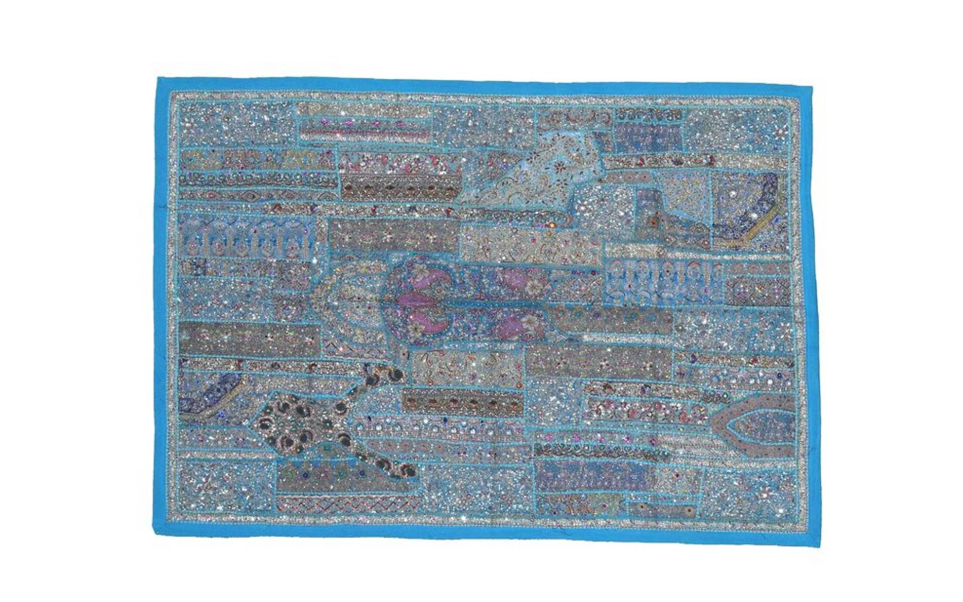 Unikátna tapiséria z Rajastanu, tyrkysová, ručné zlaté vyšívanie, 108x157cm