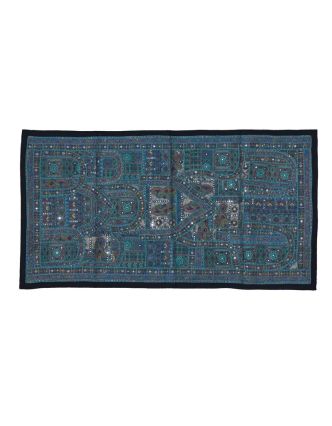 Unikátny tapisérie z Rajastan, tyrkysová, ručné yšívání, 67x129cm