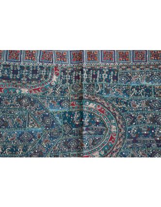Unikátny tapisérie z Rajastan, smaragdovo zelená, ručné vyšívanie, 67x129cm