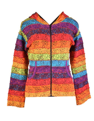 Multifarebná patchworková mikina so špicatou kapucňou a potlačou, vrecká, zips