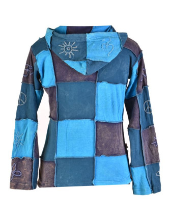 Modrá patchworková mikina s kapucňou, prestrihy a výšivky, vrecká, zips