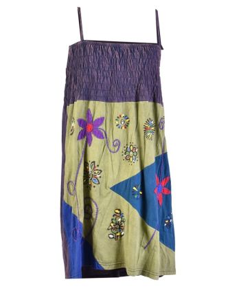 Mini šaty na ramienka, fialovo-šedo zelené, aplikácia kvetín