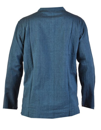 Tmavo modrá pánska košeľa-kurta s dlhým rukávom a kapsičkou, mäkčené prevedenie
