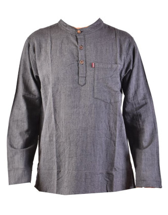 Šedivá pánska košeľa-kurta s dlhým rukávom a kapsičkou, mäkčené prevedenie