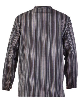 Pruhovaná pánska košeľa-kurta s dlhým rukávema vreckom, šedo-čierna