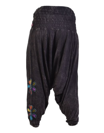 Čierne turecké nohavice s farebnými kvetmi, výšivka, bobbin