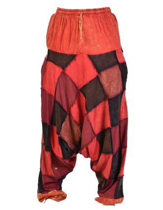 Turecké unisex nohavice, vrecká, patchwork, červené odtiene