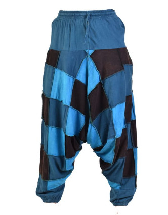 Turecké unisex nohavice, vrecká, patchwork, modro-čierne