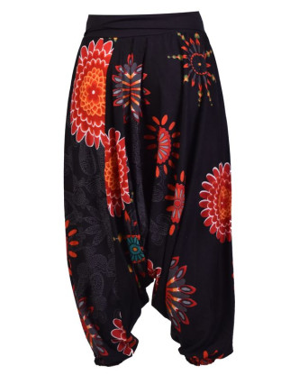 Čierne turecké nohavice s vysokým pásom, "Flower mandala"