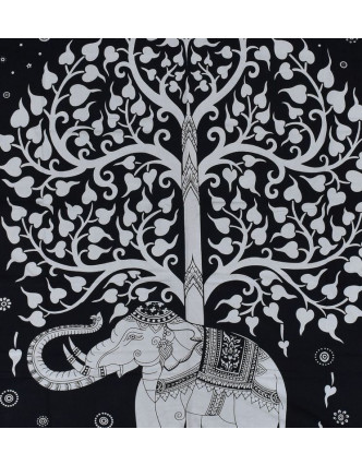 Posteľná prikrývka, Slon a strom života, čierno-biely, 204x227cm