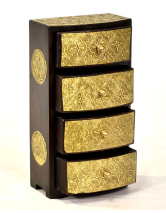 Drevená skrinka s 4 zásuvkami, mosadzné kovania, 15x9x28cm