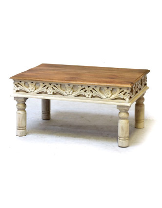Konferenčný stolík z mangového dreva, ručné rezby, biela patina, 90x60x47cm