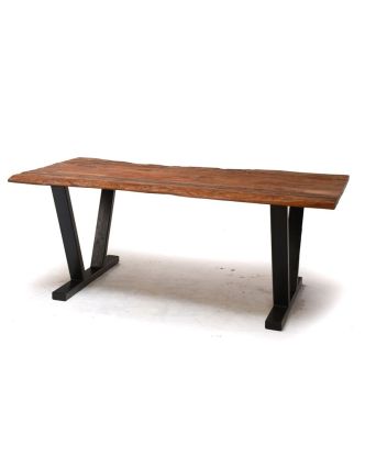Stôl zo starých teakových fošní, kovové nohy, 200x98x88cm