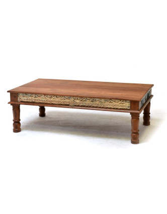 Konferenčný stolík z teakového dreva, ručné rezby, biela patina, 140x76x45cm