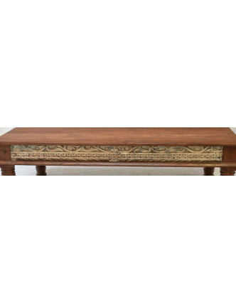 Konferenčný stolík z teakového dreva, ručné rezby, biela patina, 140x76x45cm