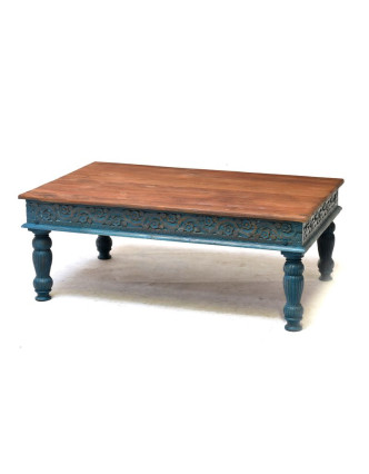 Konferenčný stolík z teakového dreva, ručné rezby, tyrkysová patina, 120x75x46cm